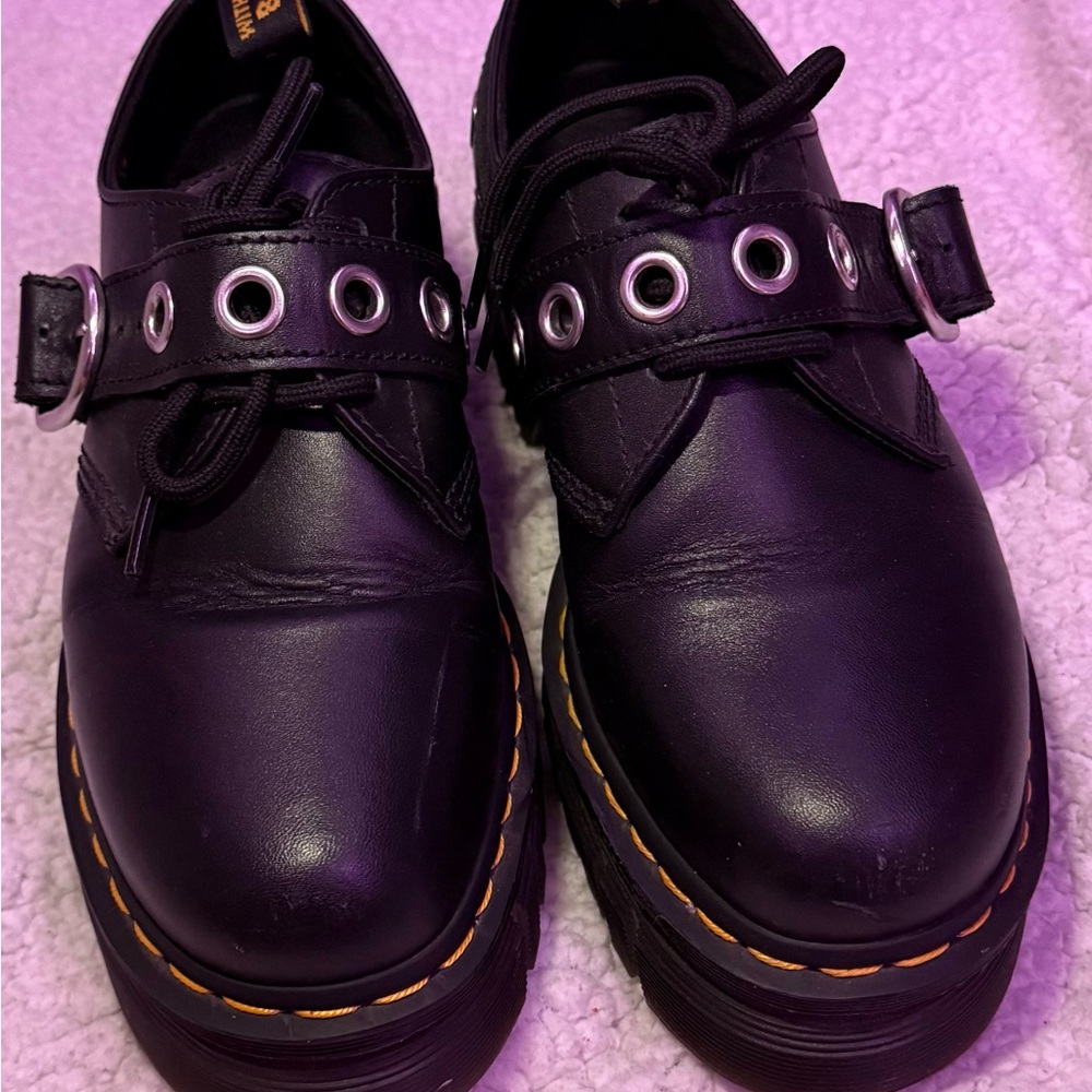 Dr. Martens Black Leather Eyelet Strap Platform Loafers with Yellow Stitching